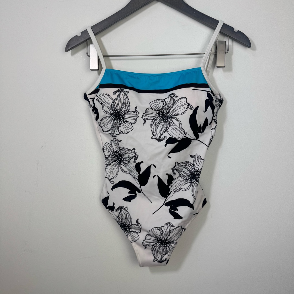 Gottex Black, White & Blue Floral Swimsuit Size 10 New Slimming